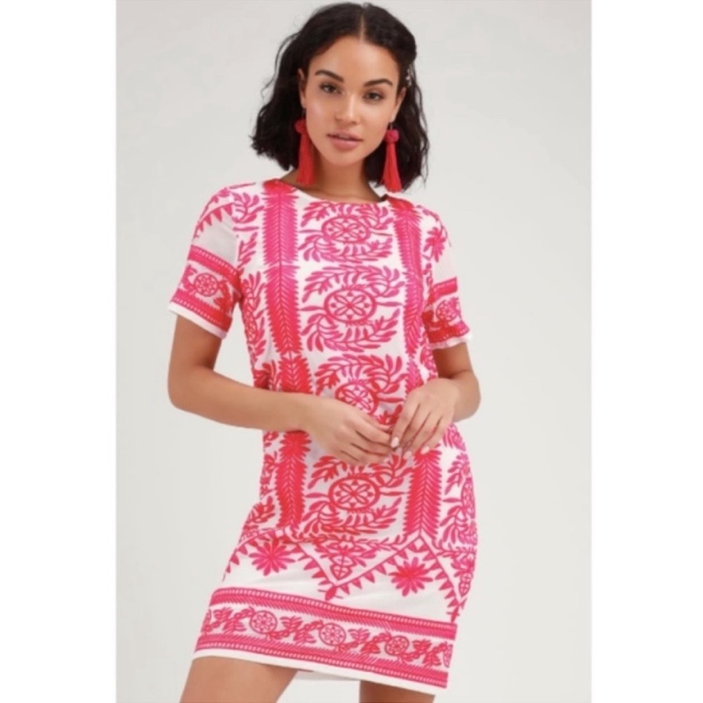Lulu's Fond of You Hot Pink Embroidered Short Sleeve Shift Dress Sz XS - Picture 1 of 12